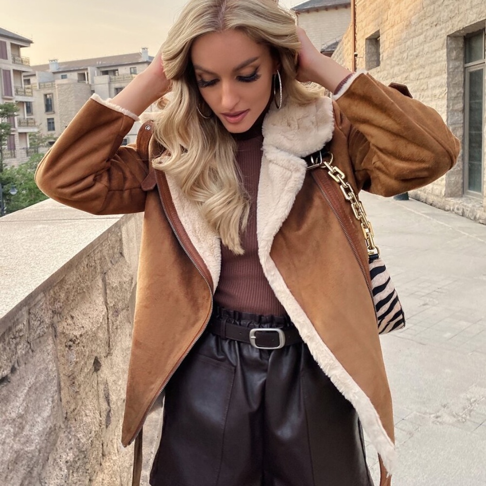 camel  teddy vegan suede belt trench coat jacket - Picture 4 of 6